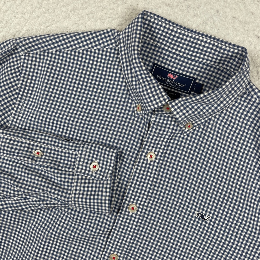Vineyard Vines Button Down Shirt Boys XL 18 Navy Gingham Whale Preppy Classic